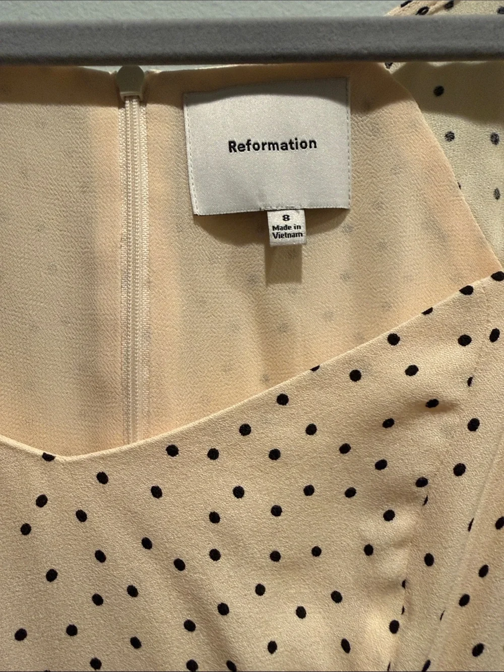 Reformation light pink midi Dress with Black Polka Dots